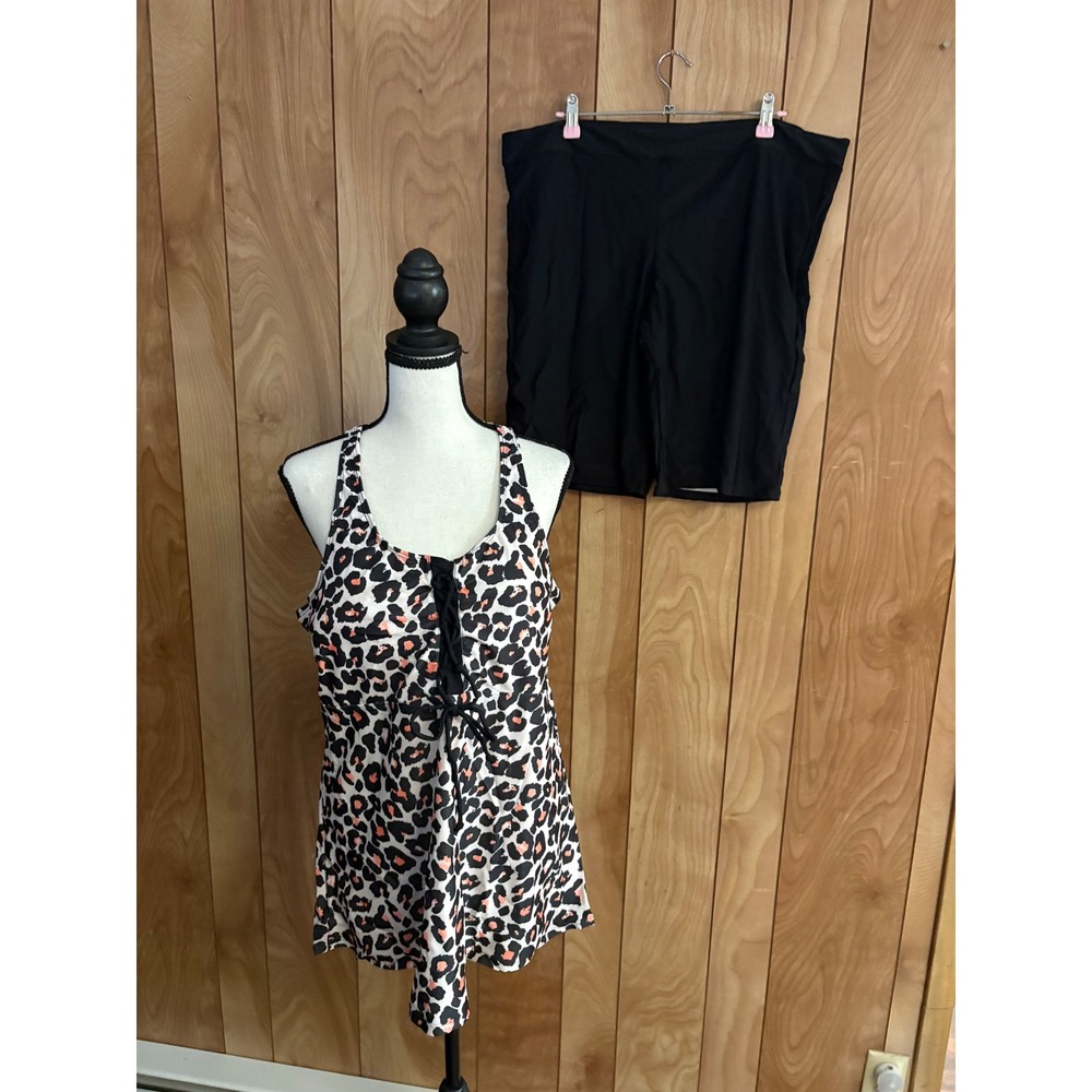 Leopard Print Tankini Set‎ Womens 4XL Lace Up Racerback Swimsuit with Shorts
